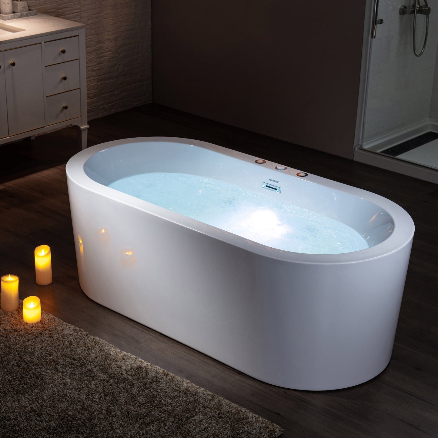 WOODBRIDGE BJ200 66-1/2" x 31-7/8" Whirlpool Water Jetted + Air Bubble Freestanding Heated Soaking Combo Bathtub