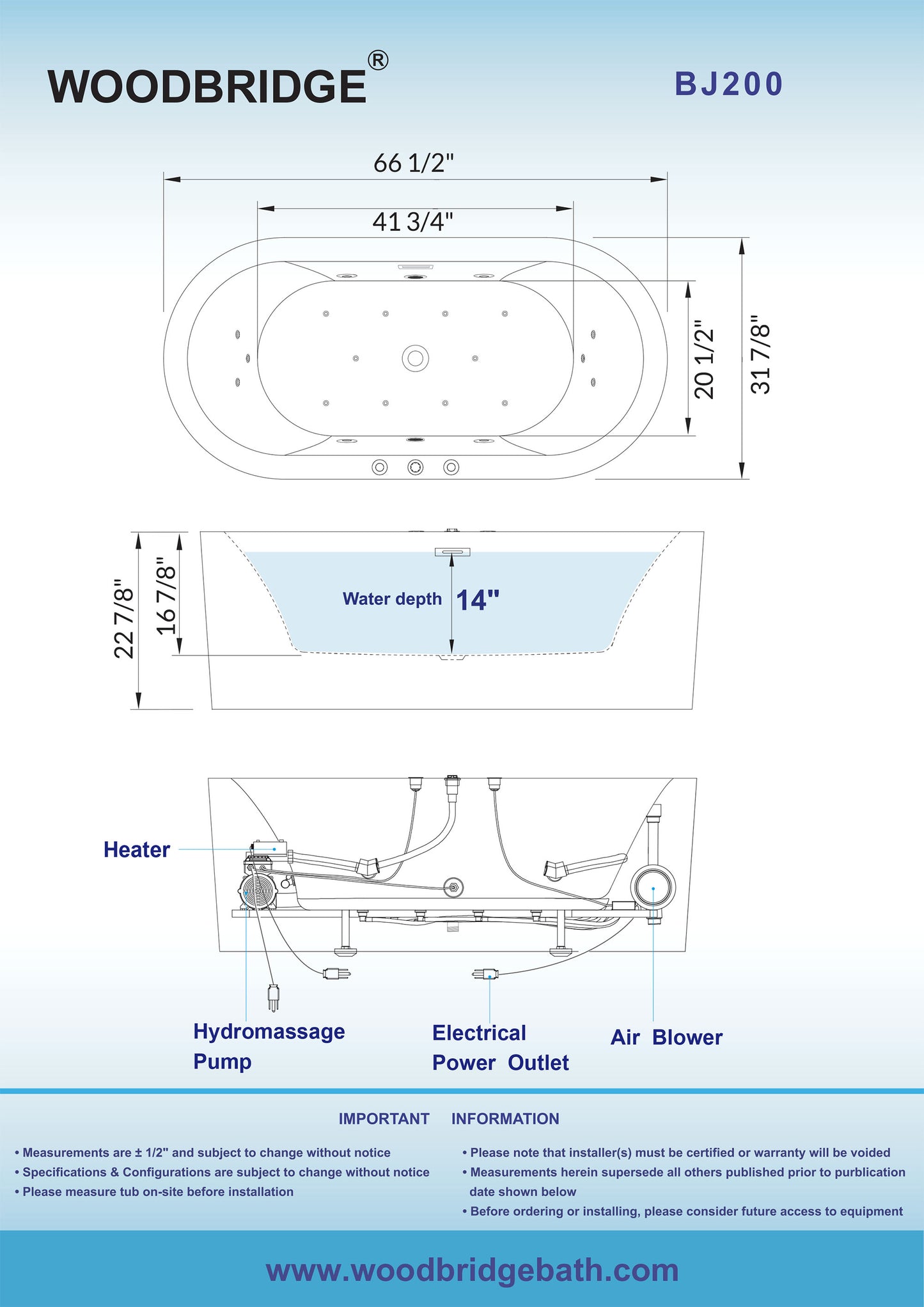 WOODBRIDGE BJ200 66-1/2" x 31-7/8" Whirlpool Water Jetted + Air Bubble Freestanding Heated Soaking Combo Bathtub