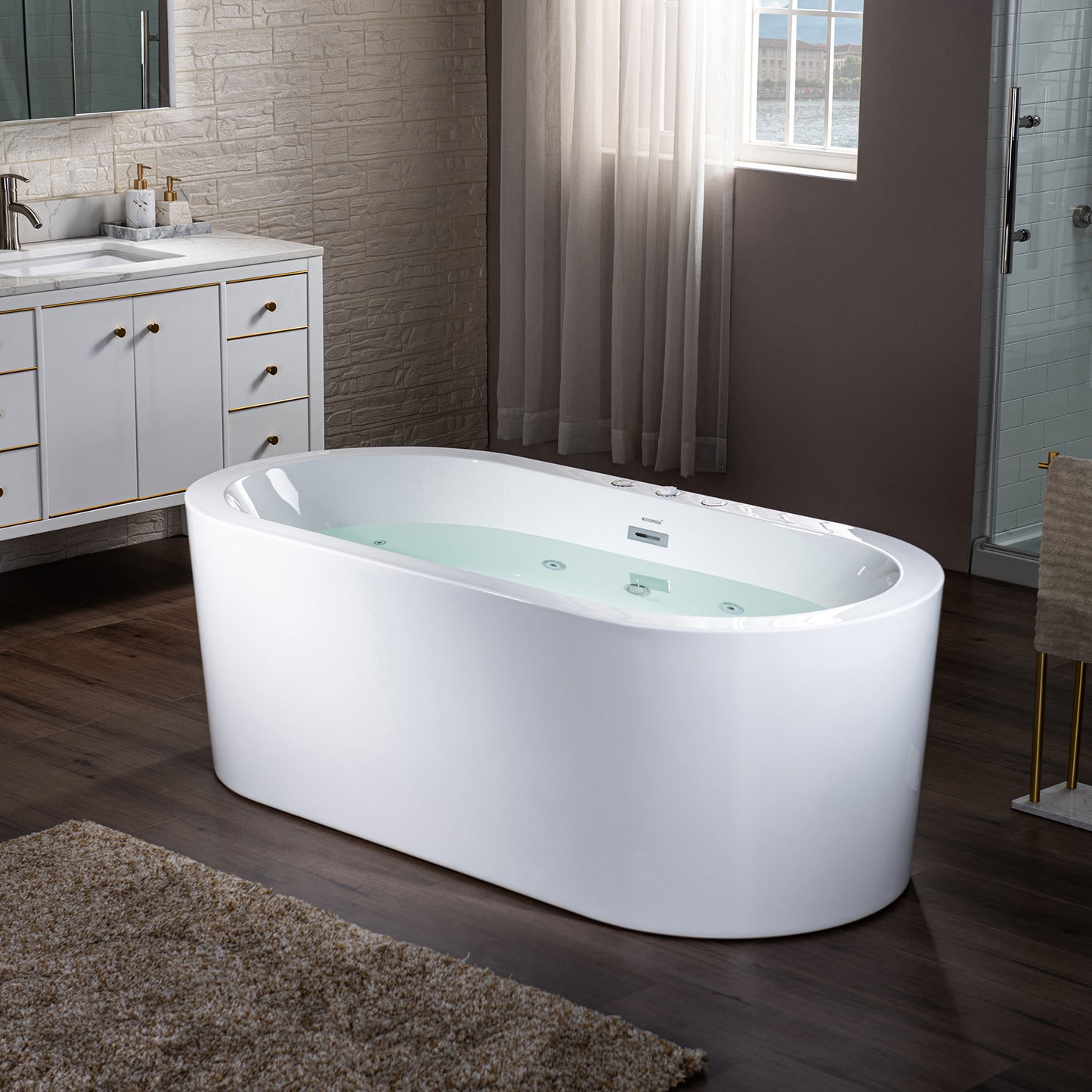 WOODBRIDGE BJ200 66-1/2" x 31-7/8" Whirlpool Water Jetted + Air Bubble Freestanding Heated Soaking Combo Bathtub