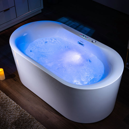 WOODBRIDGE BJ100 59" x 31-1/2" Whirlpool Water Jetted + Air Bubble Freestanding Heated Soaking Combo Bathtub with LED Controls