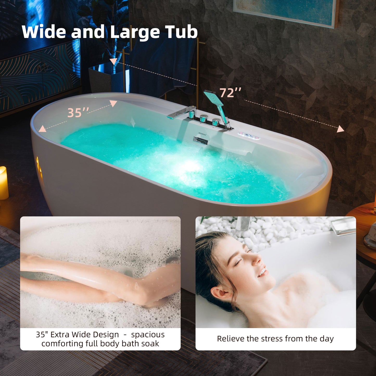 WOODBRIDGE BJ500+F0041CH 72" Whirlpool + Air Bubble Heated Soaking Tub with Adjustable Speed Air Blower & Pre-Installed Tub Filler, and LED Control Panel