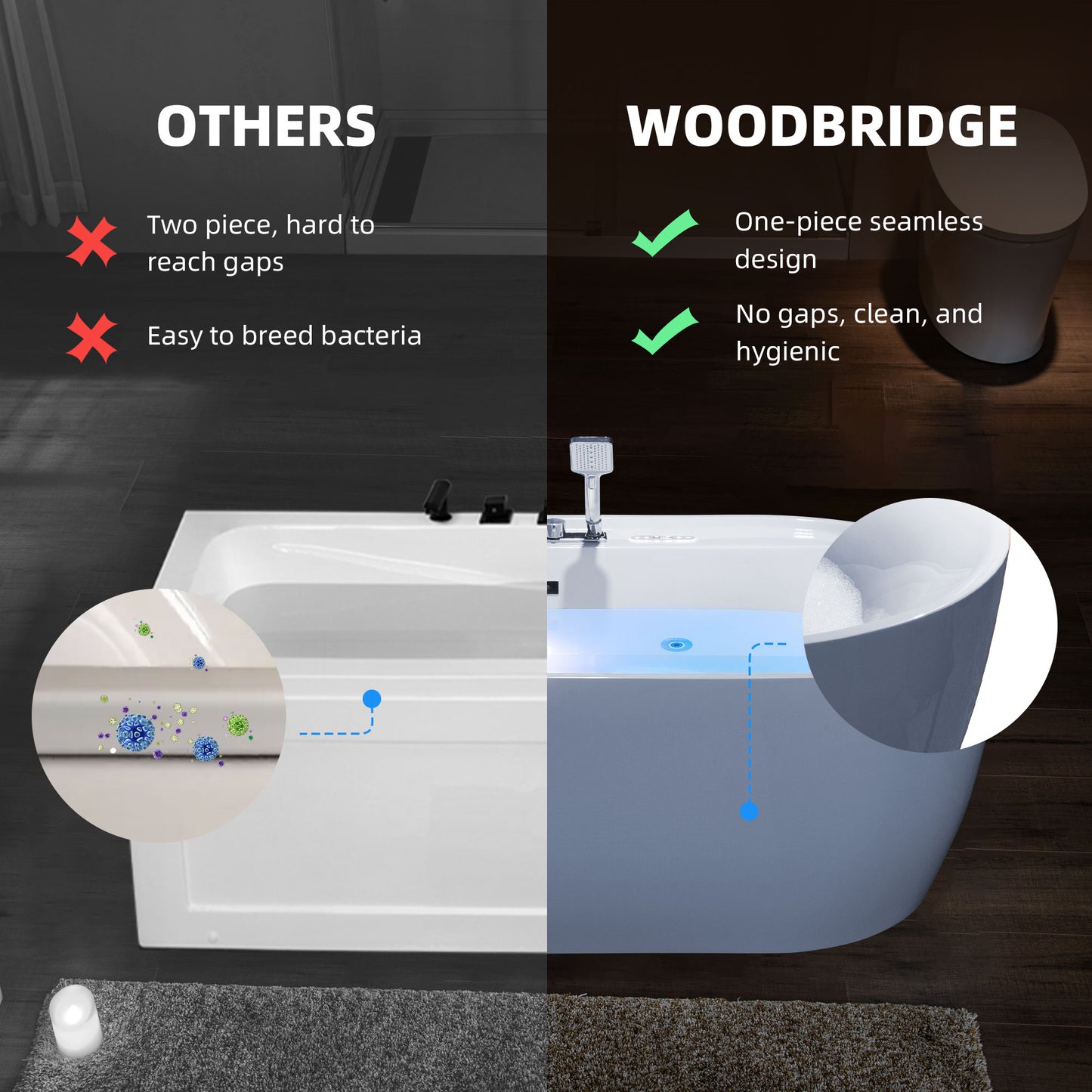 WOODBRIDGE BJ500+F0041CH 72" Whirlpool + Air Bubble Heated Soaking Tub with Adjustable Speed Air Blower & Pre-Installed Tub Filler, and LED Control Panel