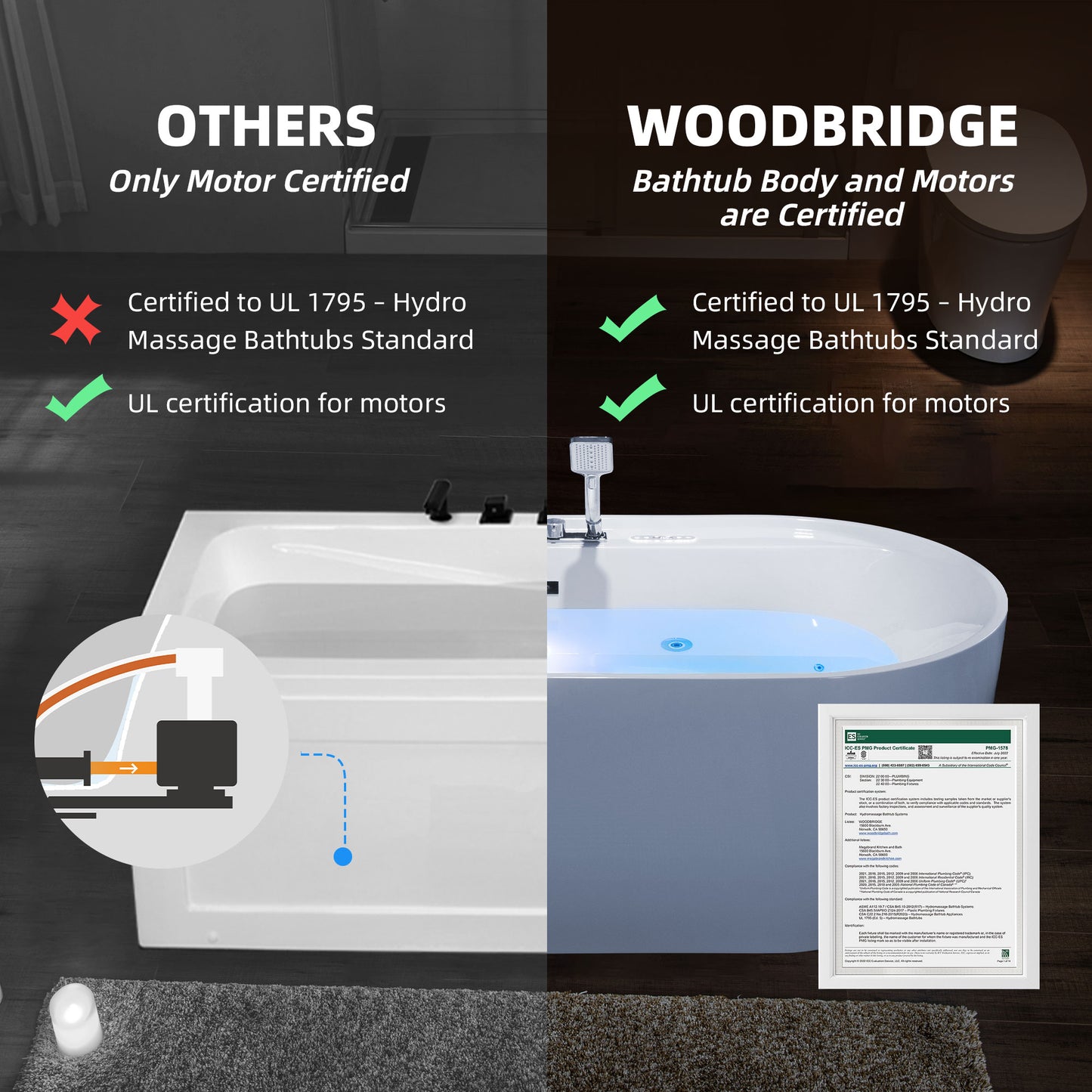 WOODBRIDGE BJ500+F0041CH 72" Whirlpool + Air Bubble Heated Soaking Tub with Adjustable Speed Air Blower & Pre-Installed Tub Filler, and LED Control Panel