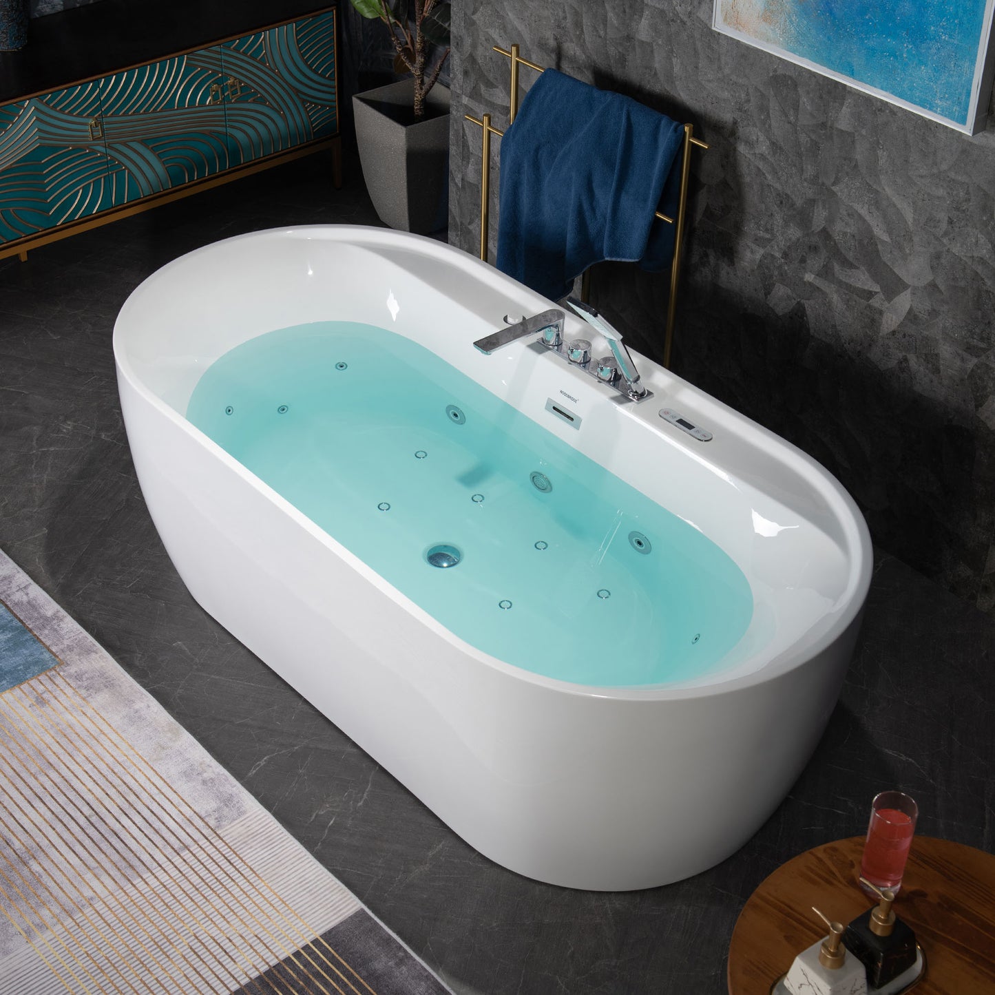 WOODBRIDGE BJ500+F0041CH 72" Whirlpool + Air Bubble Heated Soaking Tub with Adjustable Speed Air Blower & Pre-Installed Tub Filler, and LED Control Panel