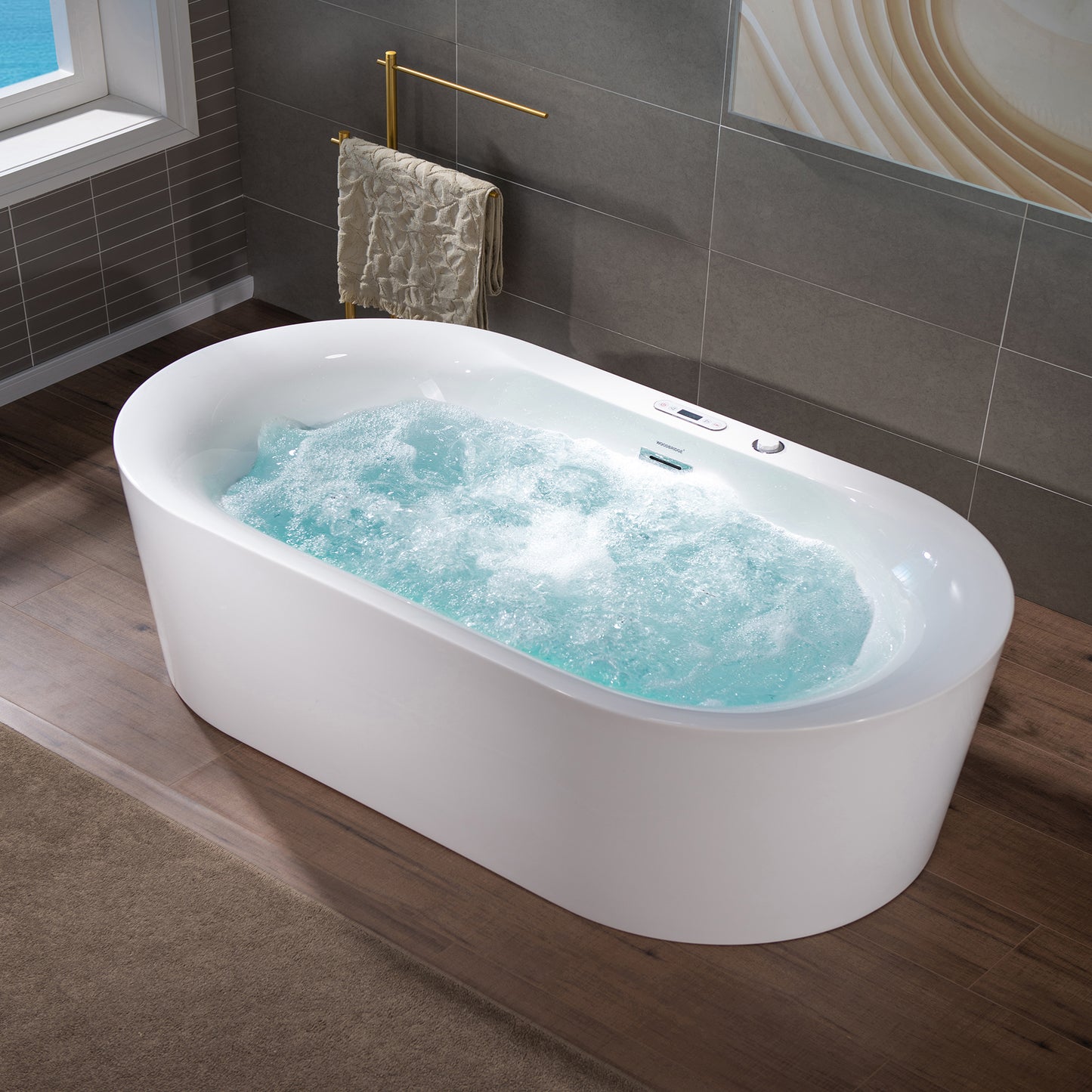 WOODBRIDGE BJ200 66-1/2" x 31-7/8" Whirlpool Water Jetted + Air Bubble Freestanding Heated Soaking Combo Bathtub