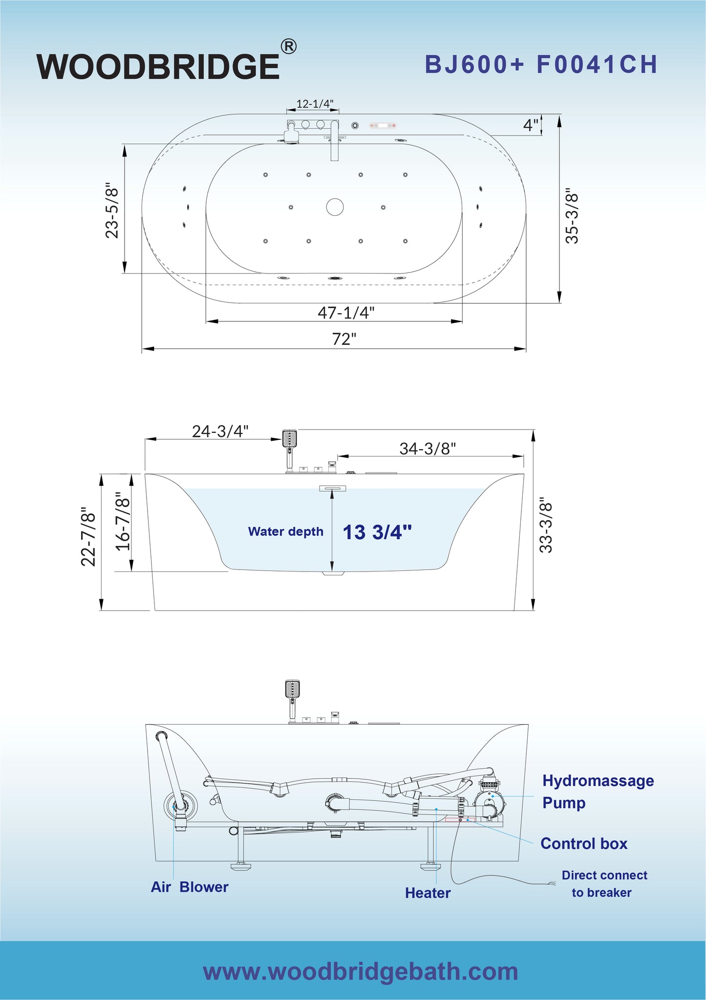 WOODBRIDGE BJ400+F0041CH 72" x 35-3/8" Whirlpool Water Jetted + Air Bubble Freestanding Heated Soaking Combination Bathtub