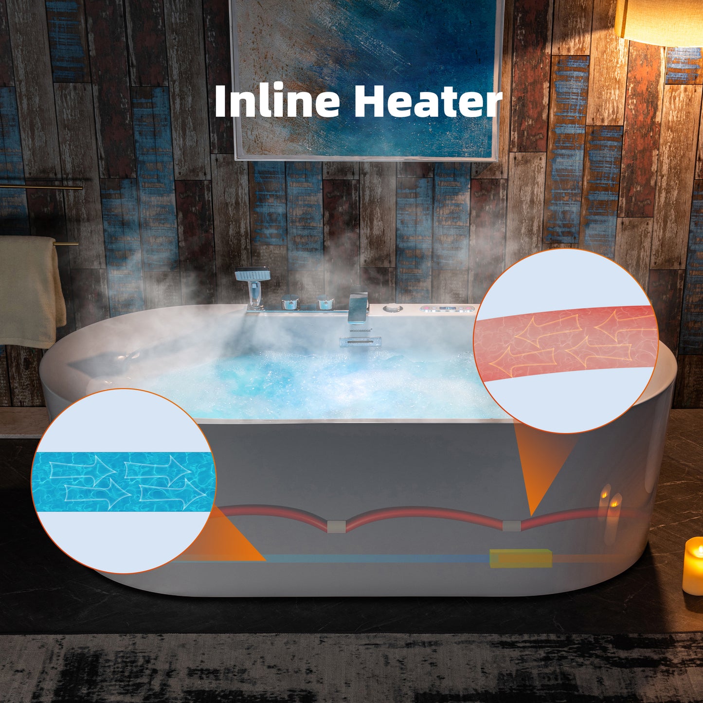 WOODBRIDGE BJ400+F0041CH 72" x 35-3/8" Whirlpool Water Jetted + Air Bubble Freestanding Heated Soaking Combination Bathtub