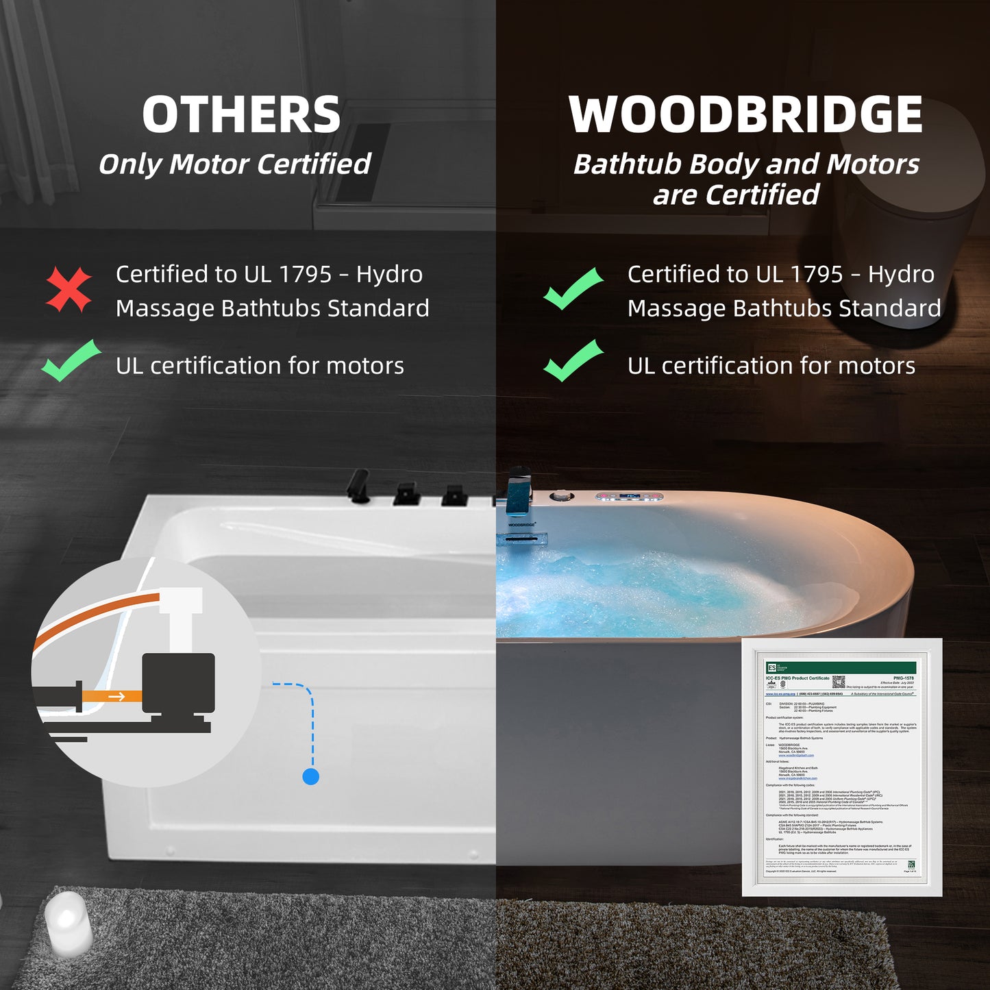 WOODBRIDGE BJ400+F0041CH 72" x 35-3/8" Whirlpool Water Jetted + Air Bubble Freestanding Heated Soaking Combination Bathtub