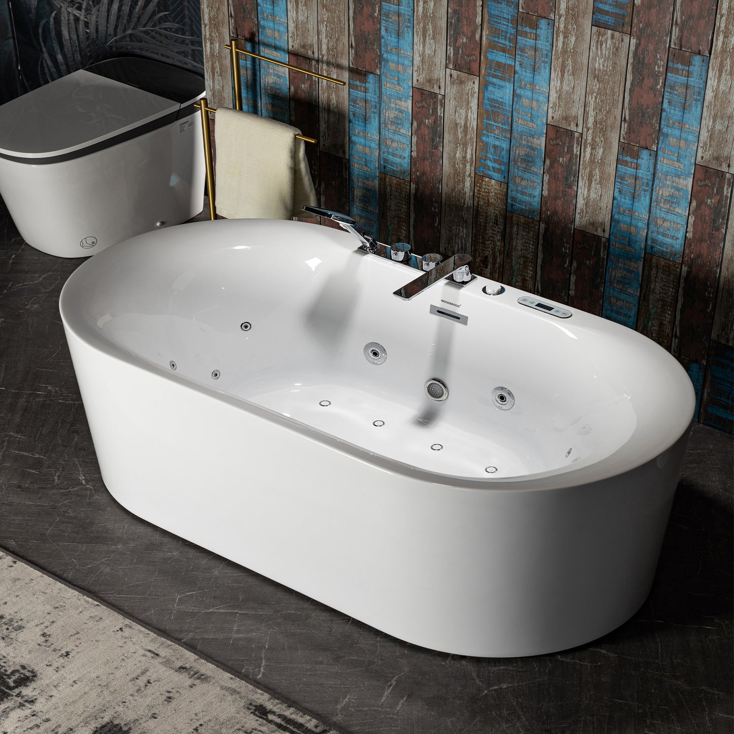 WOODBRIDGE BJ400+F0041CH 72" x 35-3/8" Whirlpool Water Jetted + Air Bubble Freestanding Heated Soaking Combination Bathtub