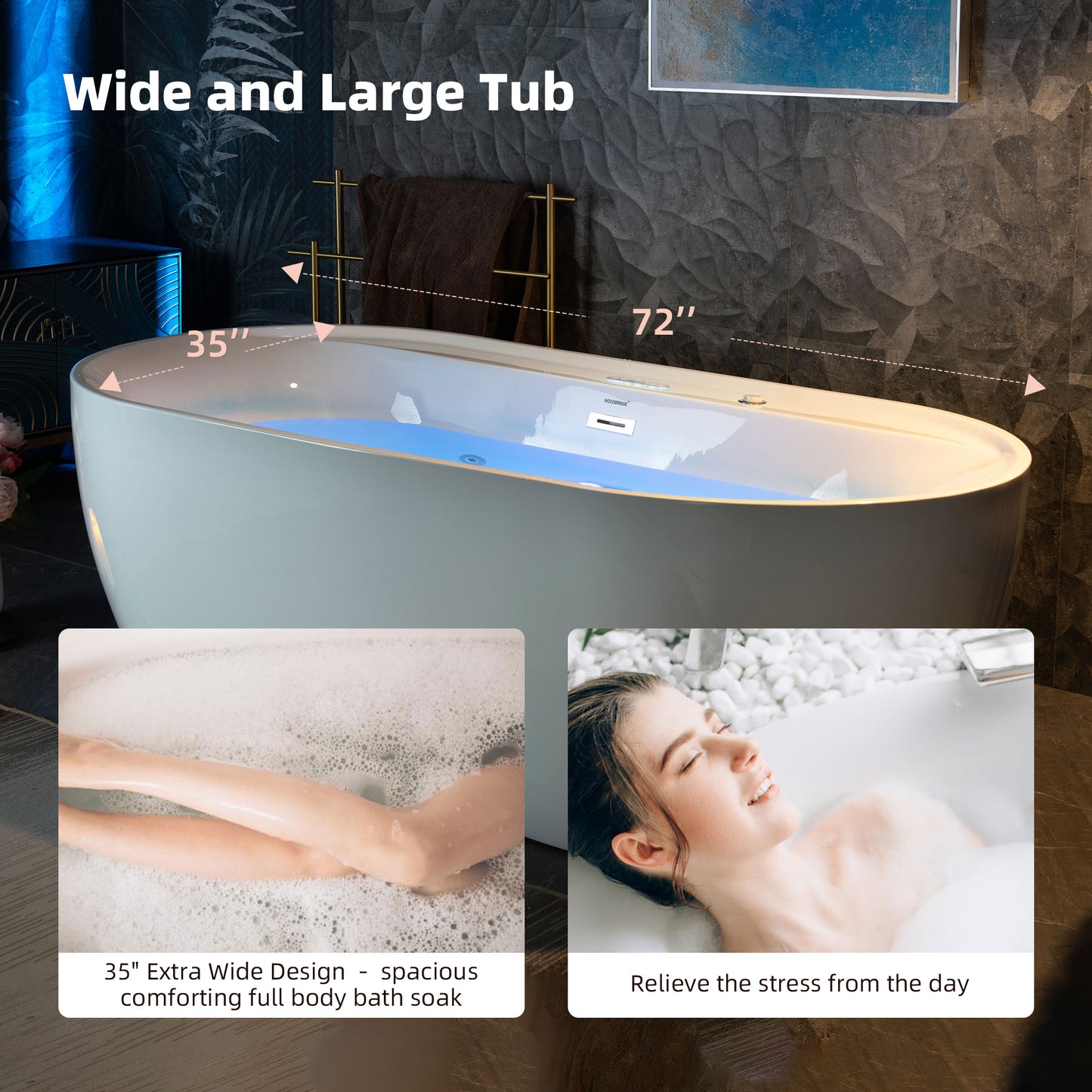 WOODBRIDGE BJ500 72" x 35-3/8" Whirlpool Jet + Air + Heated Whirlpool Bathtub with Adjustable Speed Air Bubbles and LED Control Panel