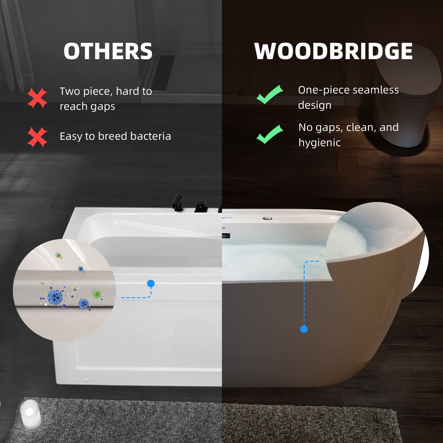 WOODBRIDGE BJ500 72" x 35-3/8" Whirlpool Jet + Air + Heated Whirlpool Bathtub with Adjustable Speed Air Bubbles and LED Control Panel