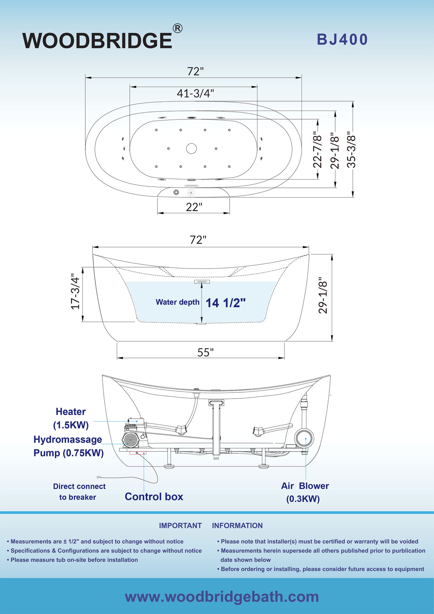 WOODBRIDGE BJ400 - 72" x 35-3/8" Whirlpool Jetted + Air Bubble Combo Oval Shaped Heated Free Standing Bathtub with LED Controls