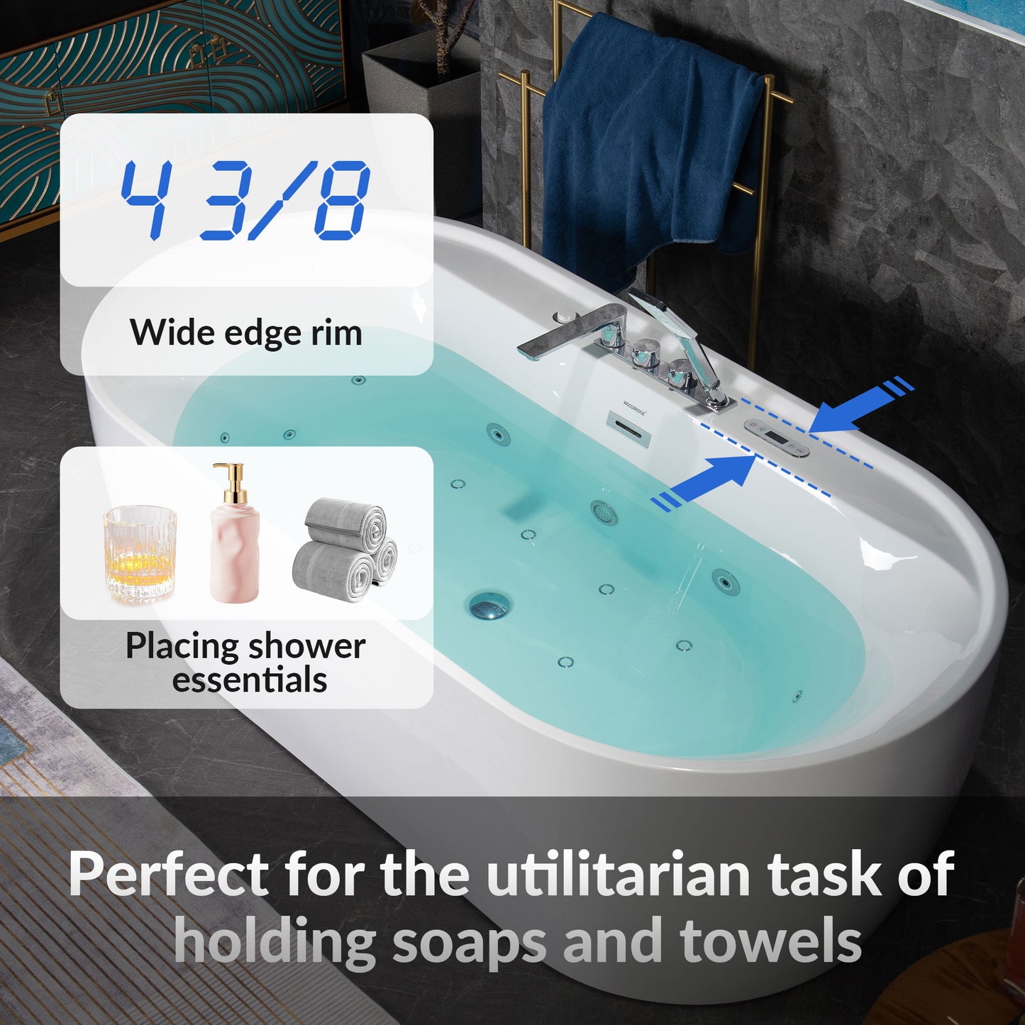 WOODBRIDGE BJ500+F0041CH 72" Whirlpool + Air Bubble Heated Soaking Tub with Adjustable Speed Air Blower & Pre-Installed Tub Filler, and LED Control Panel